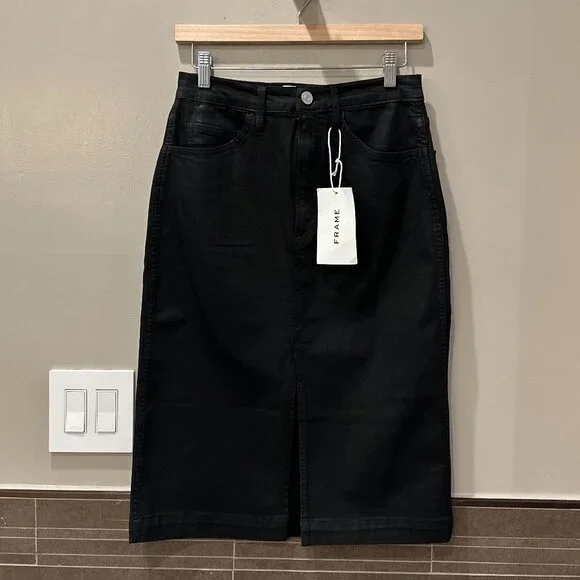 FRAME Split-Hem Coated Midi Skirt (Noir Coated Black)